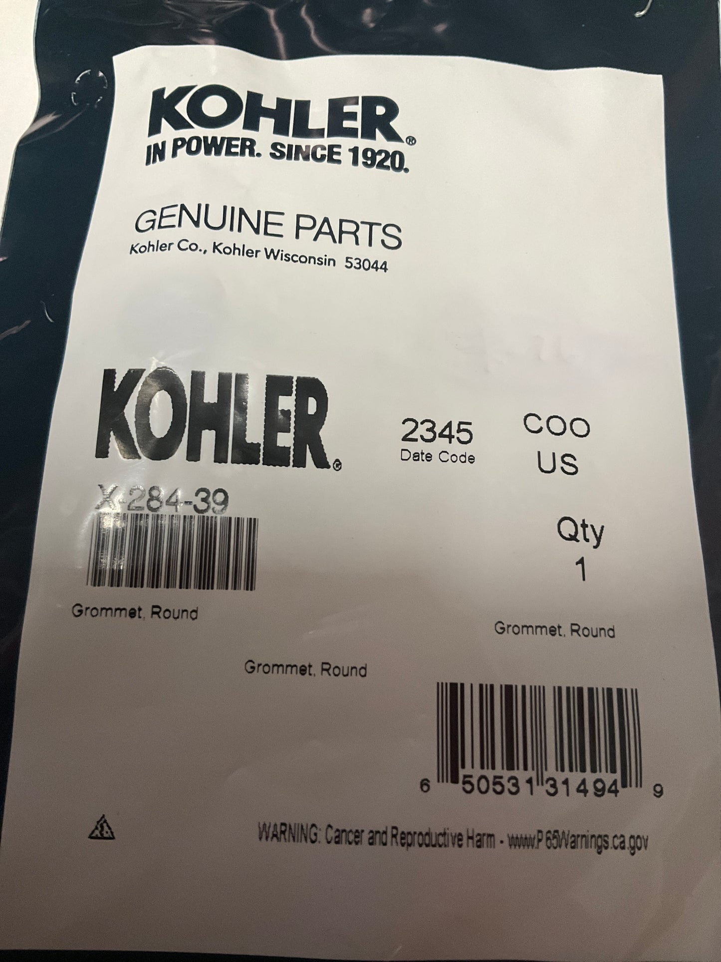 Kohler X-284-39 Grommet