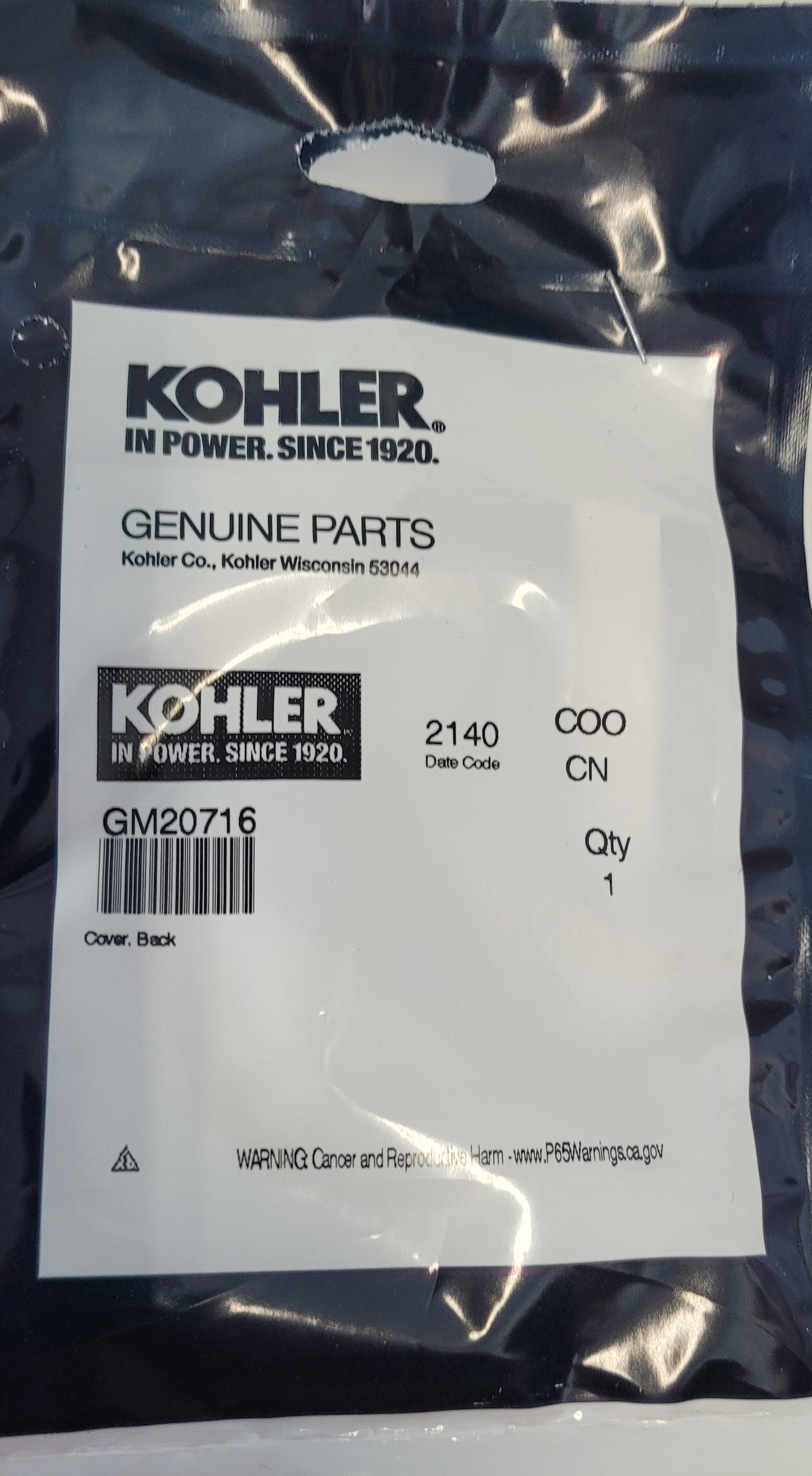 Kohler GM20716 Back Cover