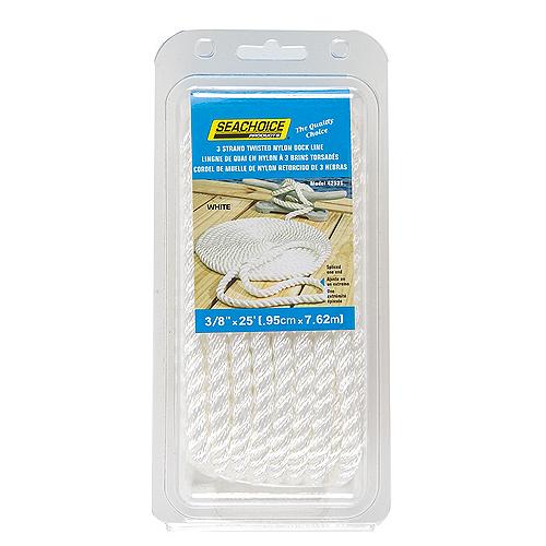Seachoice High Quality Dock Rope for Boating - 3-Strand Twisted Nylon Dock Line, 3/8-Inch x 25 Feet, White
