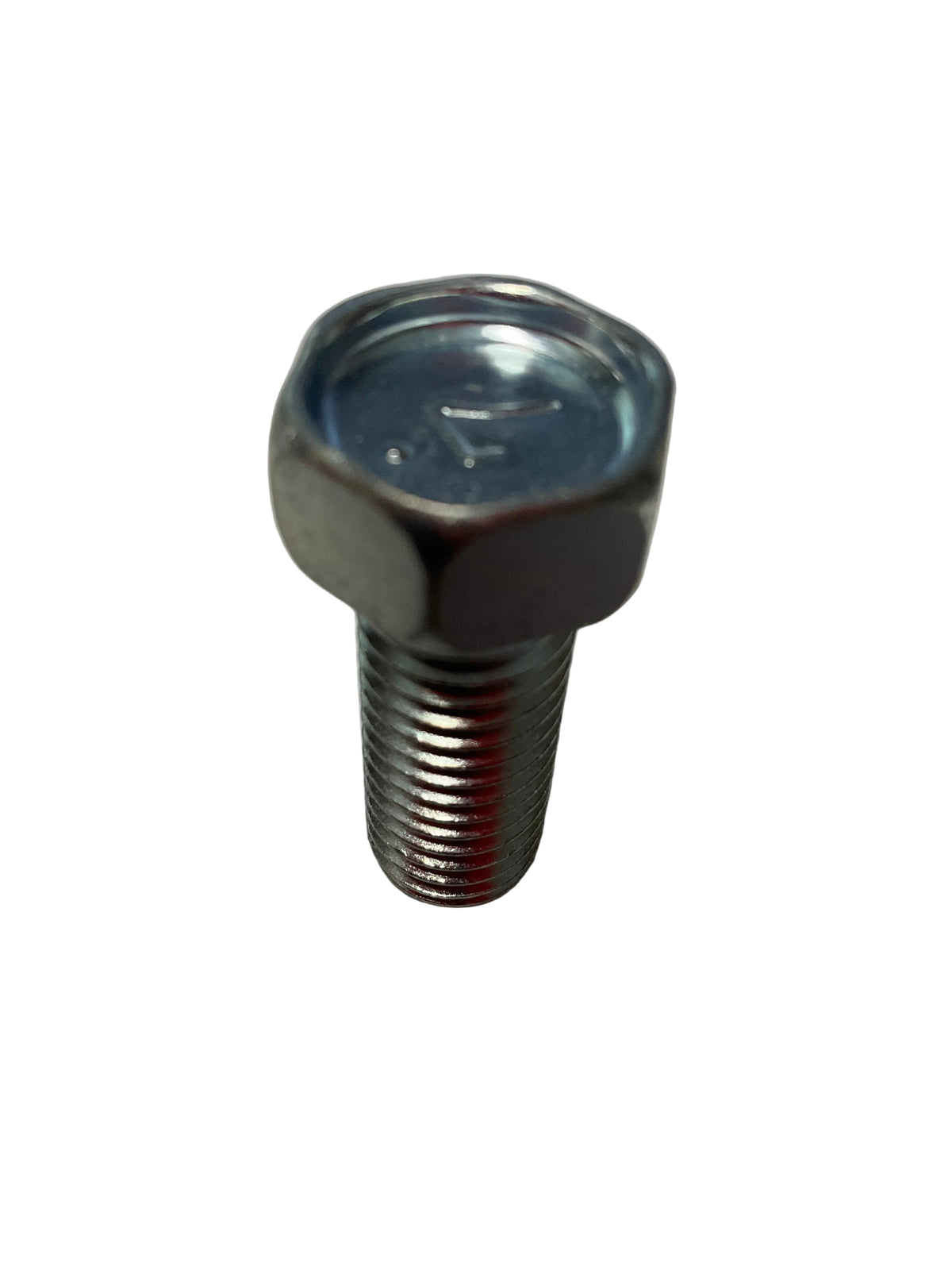 A single hexagonal metal bolt with a threaded shank, photographed standing upright on a plain light background.