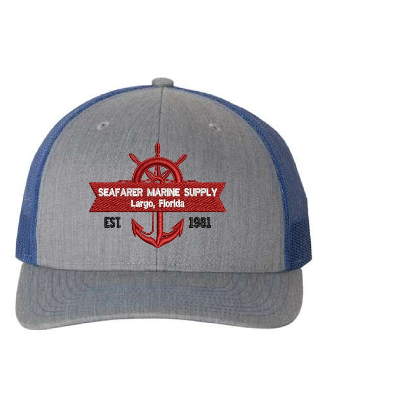 Gray and blue cap with embroidered Seafarer Marine Supply logo