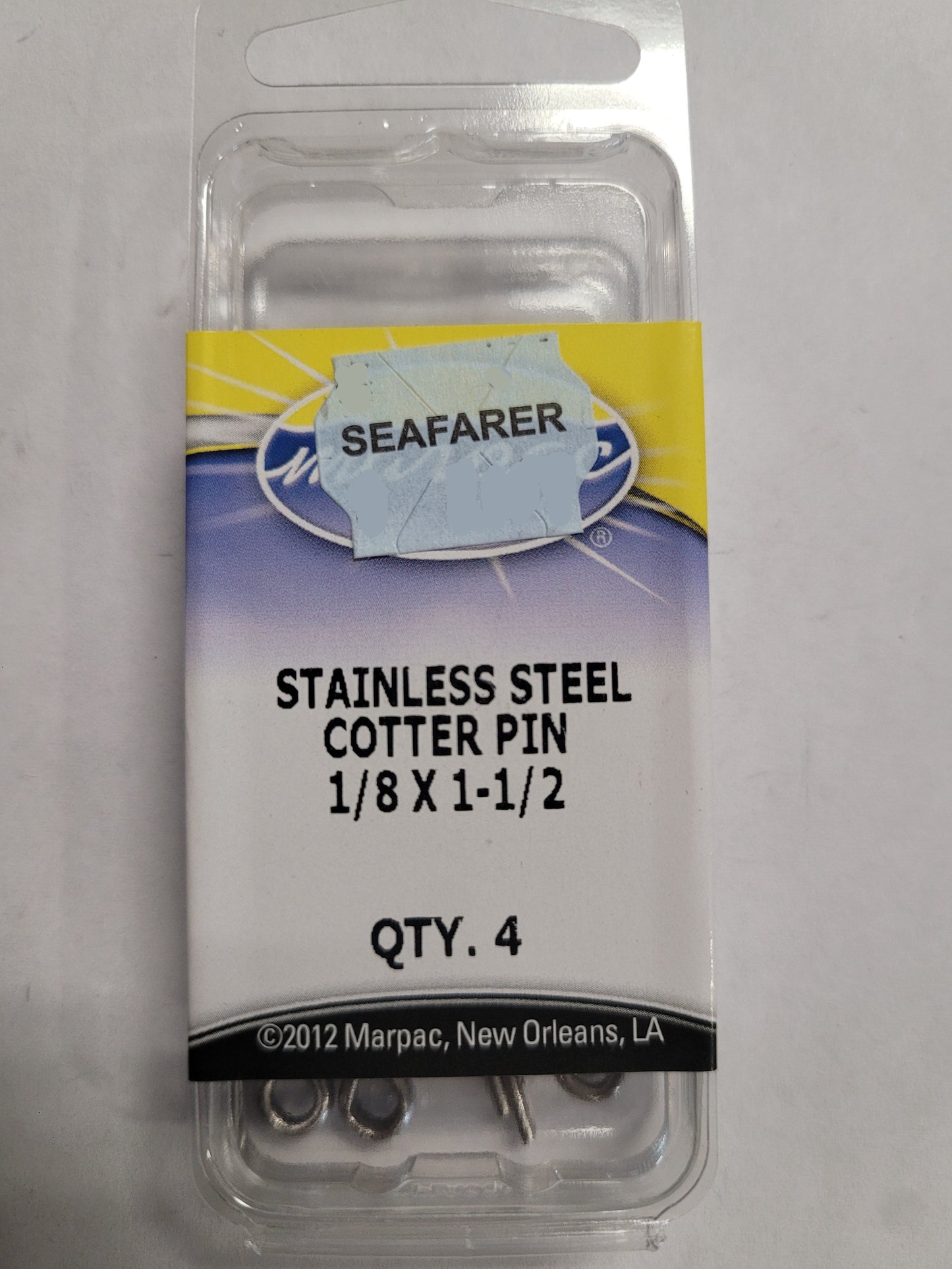SS cotter pin 1/8"x1-1/2", 4Pcs. Marpac 7-5070