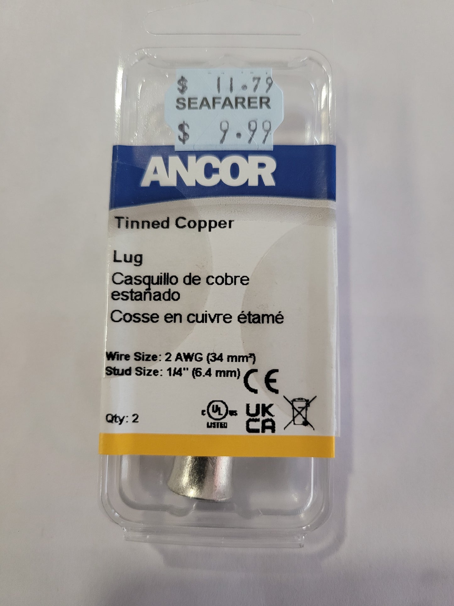 Ancor 252264 Marine Grade® Tinned Battery Lugs, 1/4" Fastener, #2 Cable, 2/Pk