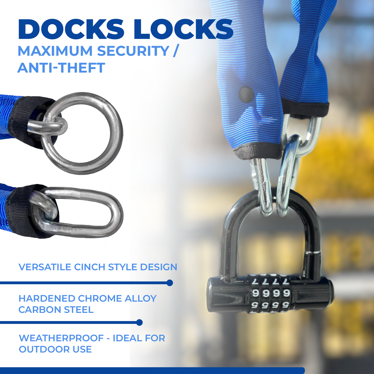 DocksLocks® Heavy Duty Cinch Style 8mm Security Chain - (3ft, 6ft or 10ft) - Weatherproof and Cut Proof with Short Shackle U-Lock