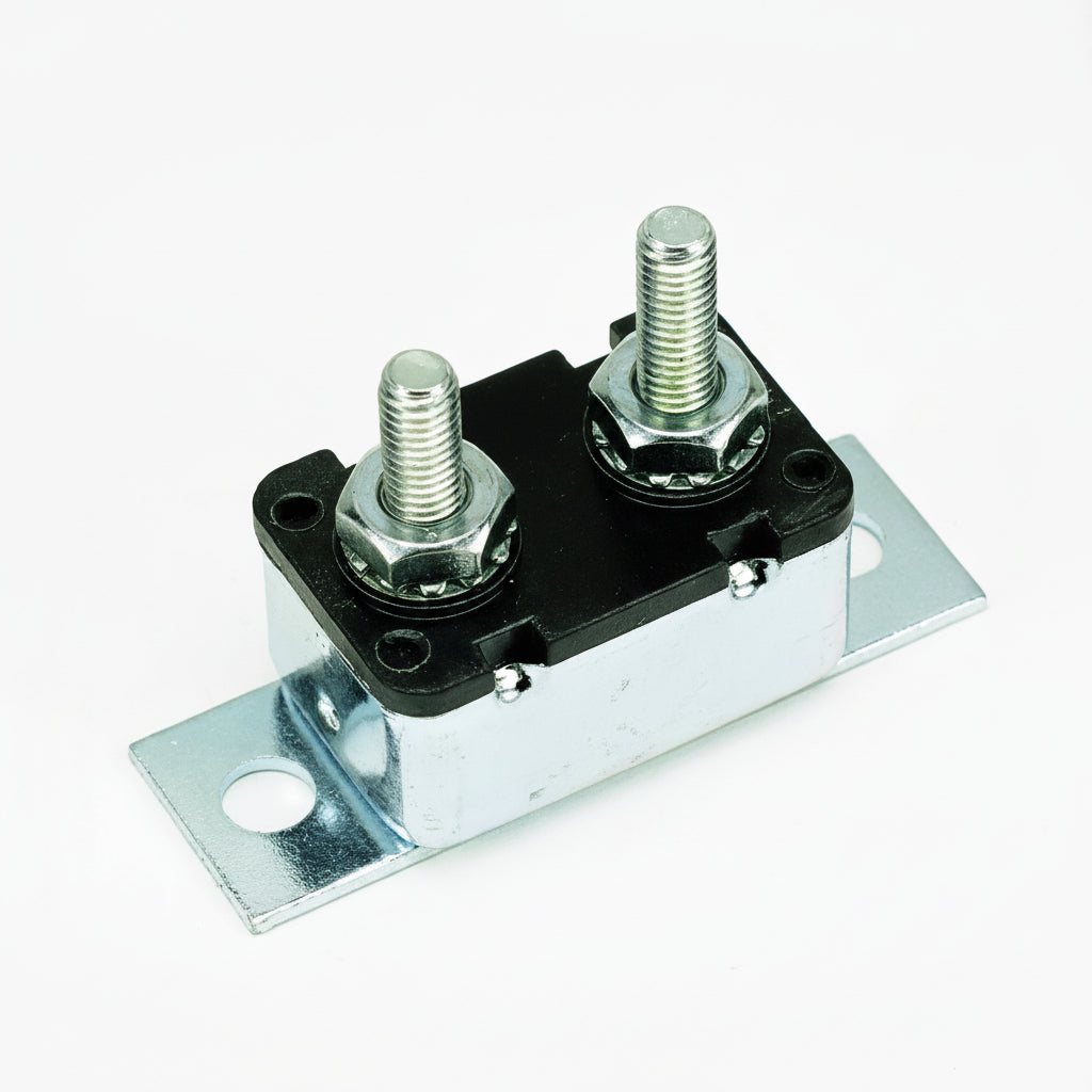 Metal electrical junction block with two bolts on a white background