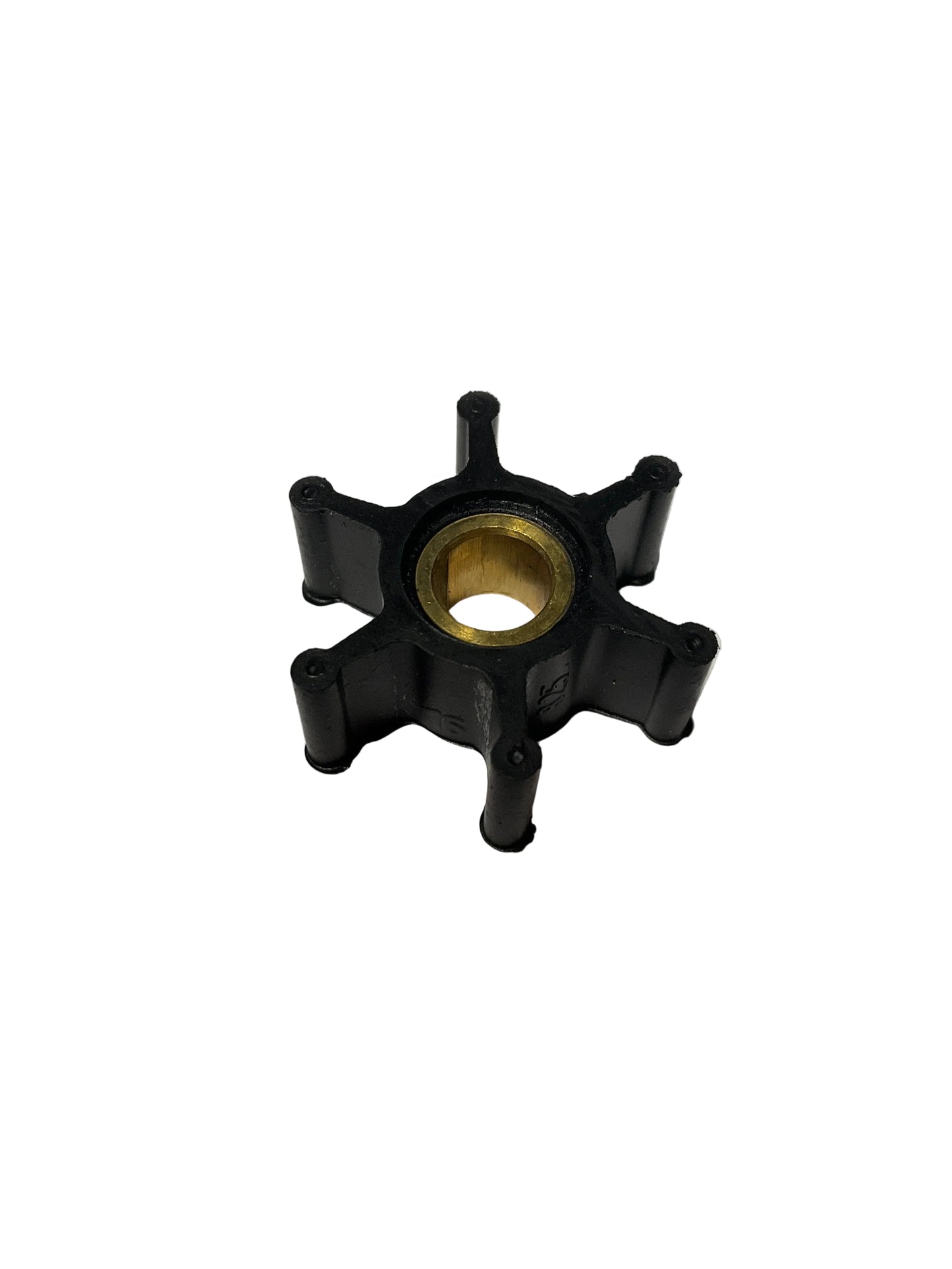 A black plastic six-spoke impeller or water pump wheel with a brass center hub, shown on a plain light gray background.