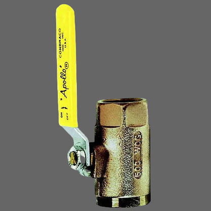Brass ball valve with yellow handle on a white background, branded 'Apollo'.
