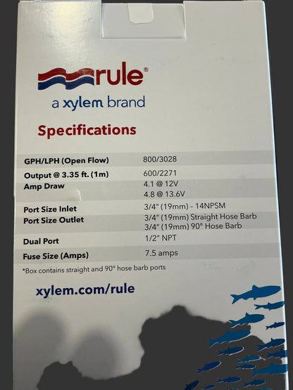 Rule 603STC Livewell pump 12v 800GPH straight Replaces 403STC