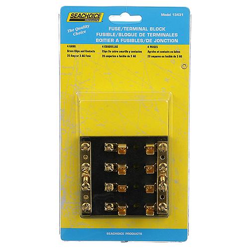Seachoice 4-Gang Fuse and Terminal Block, Brass Clips and Contacts, SFE 20 Amp of 3AG Fuse