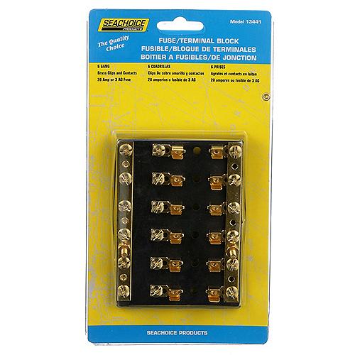 Seachoice 6-Gang Fuse and Terminal Block, Brass Clips and Contacts, SFE 20 Amp of 3AG Fuse