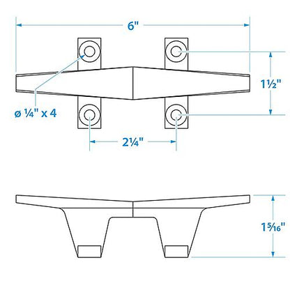 Seachoice 30571 Hollow Base Cleat, Chrome-Plated Zamak, 6 in. Long