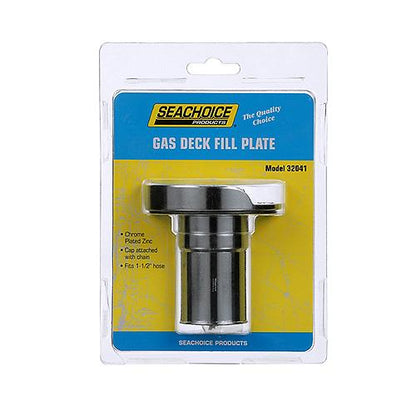 Seachoice Deck Mount Gas Fill Plate w/ Cap, Chrome-Plated Zinc, Includes Rubber Gasket and Beaded Chain Cap Tether