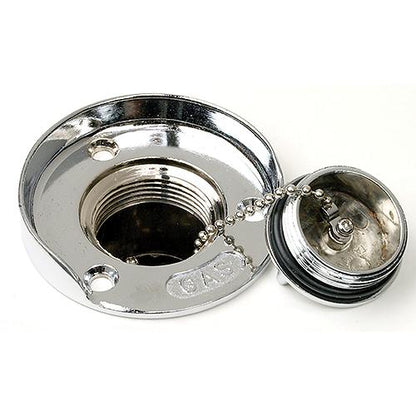 Seachoice Deck Mount Gas Fill Plate w/ Cap, Chrome-Plated Zinc, Includes Rubber Gasket and Beaded Chain Cap Tether