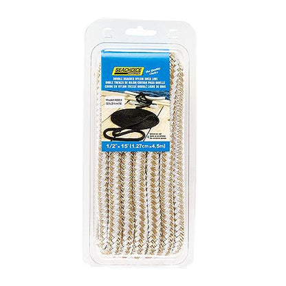 Seachoice Double-Braid Nylon Dock Line w/ Eye Splice, Pre-Shrunk, Heat Stabilized, 1/2 In. X 15 Ft., Gold White