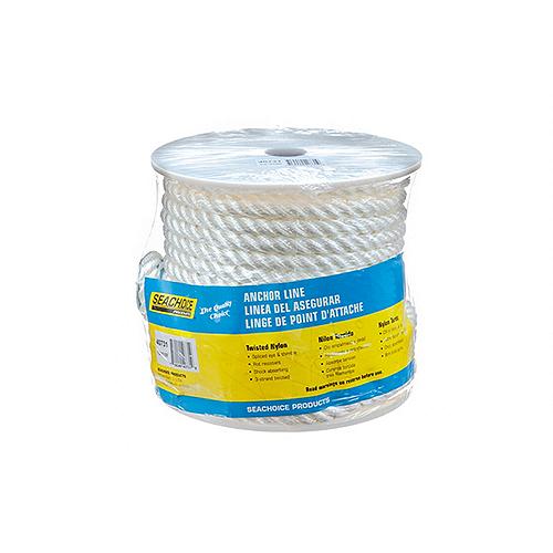 Seachoice Anchor Line Rope, 3-Strand Twisted, White, Nylon, 1/2 in. X 100 Ft.