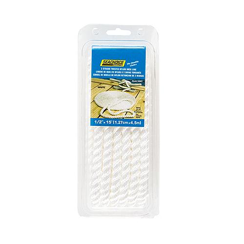 Seachoice High Quality Dock Rope for Boating - 3-Strand Twisted Nylon Dock Line, ½-Inch x 15 Feet, White