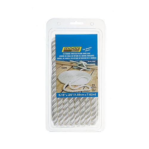 Seachoice High Quality Dock Rope for Boating - 3-Strand Twisted Nylon Line, 5/8-Inch x 25 Feet, White