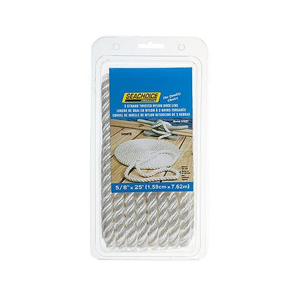 Seachoice High Quality Dock Rope for Boating - 3-Strand Twisted Nylon Line, 5/8-Inch x 25 Feet, White