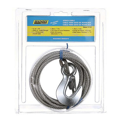 Seachoice 51181 Steel Winch Cable w/ Safety Hook, 3/16 In. X 25 Ft., 4,000-Lb. Tensile Strength