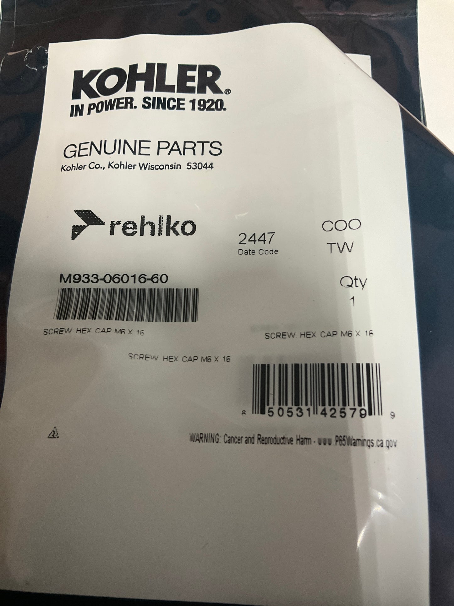 Kohler M933-06016-60 Hex Bolt