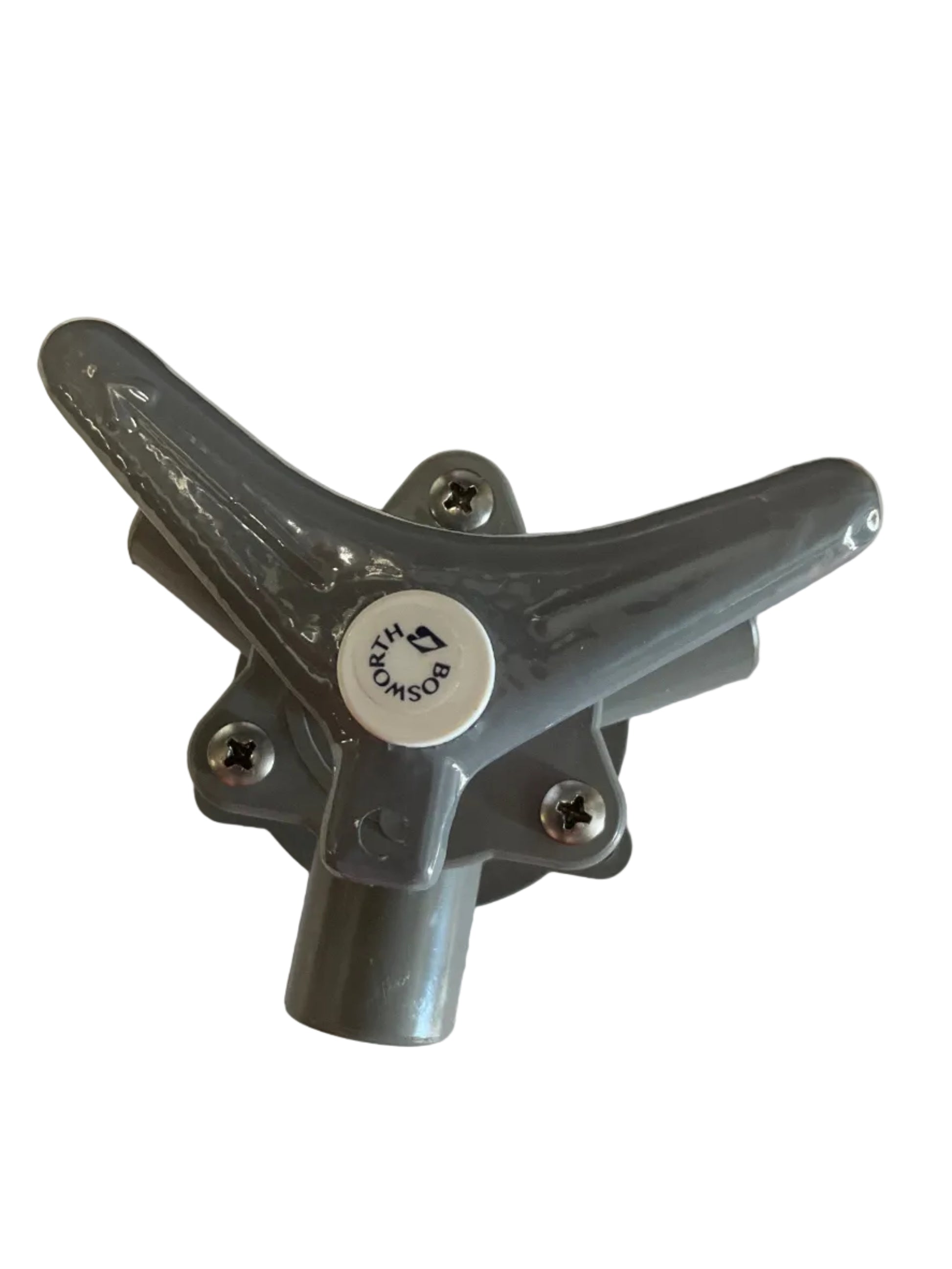 Gray valve handle with a brand logo on a white background