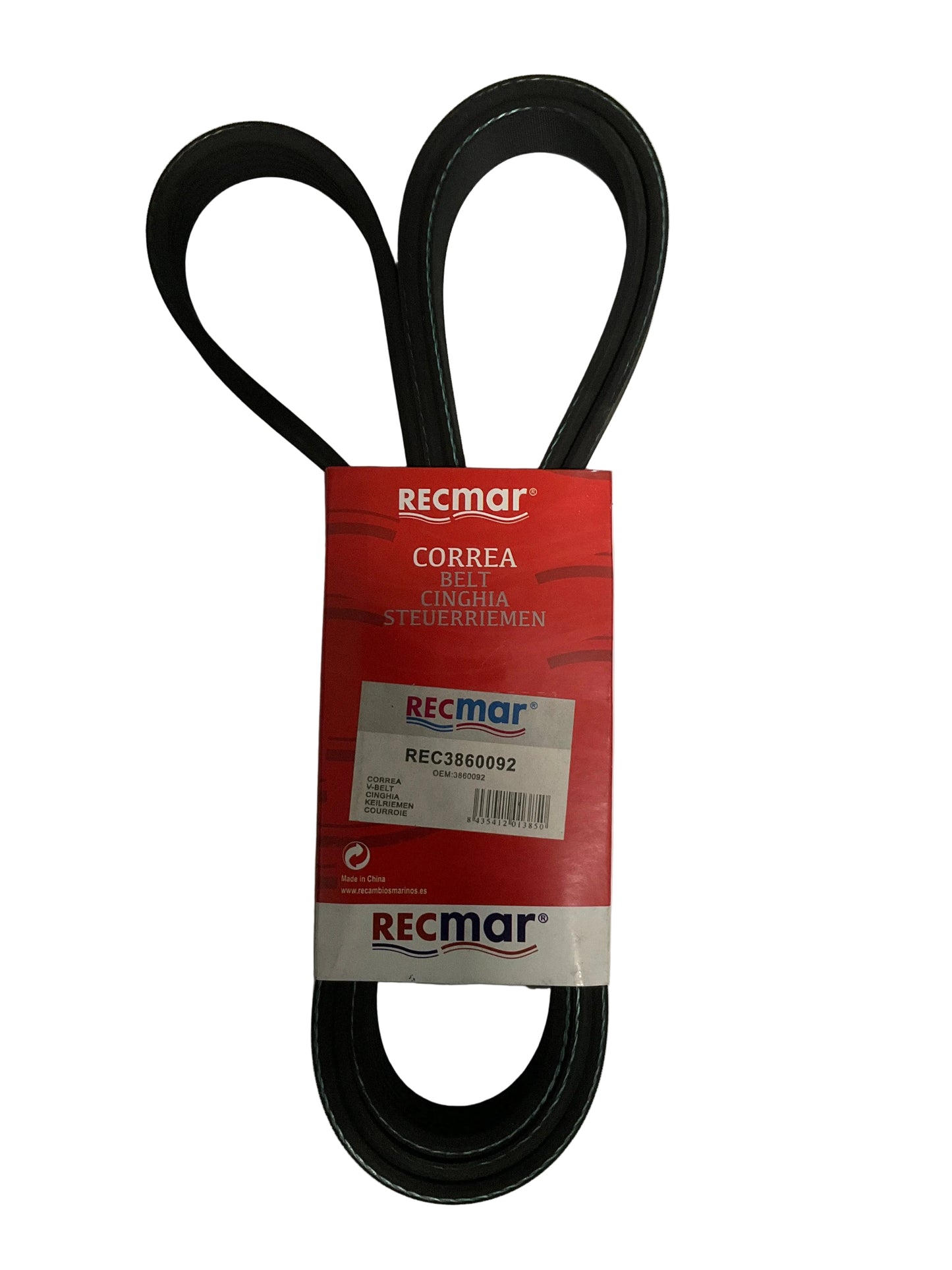 A black rubber drive belt with its red and white Recmar retail packaging, laid flat on a white surface.