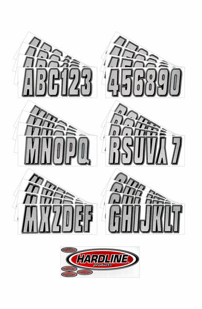 Hardline Series 320 Registration Kit, Solid Color Block Font With Drop Shadow (Includes 4 Sets of 3" A-Z, 0-9), Silver/Black
