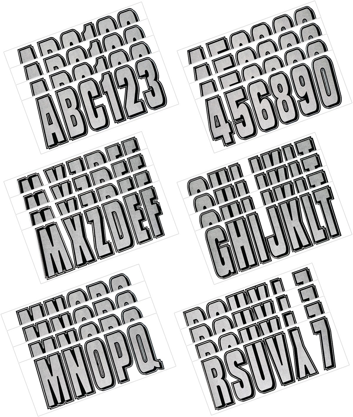 Hardline Series 320 Registration Kit, Solid Color Block Font With Drop Shadow (Includes 4 Sets of 3" A-Z, 0-9), Silver/Black