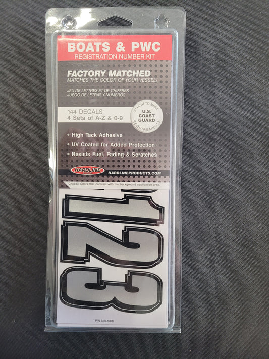 Hardline Series 320 Registration Kit, Solid Color Block Font With Drop Shadow (Includes 4 Sets of 3" A-Z, 0-9), Silver/Black
