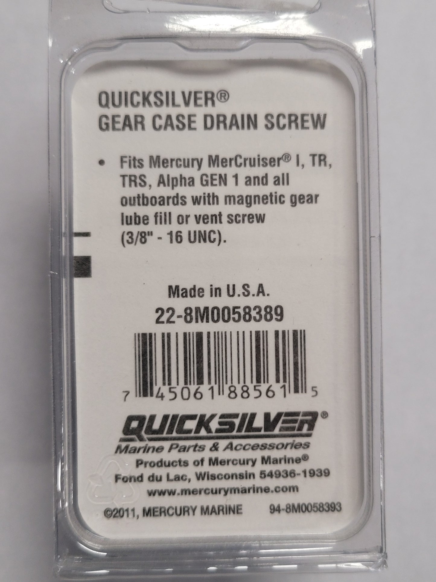 Gearcase Drain Screw, Magnetic, Quicksilver 8M0058389