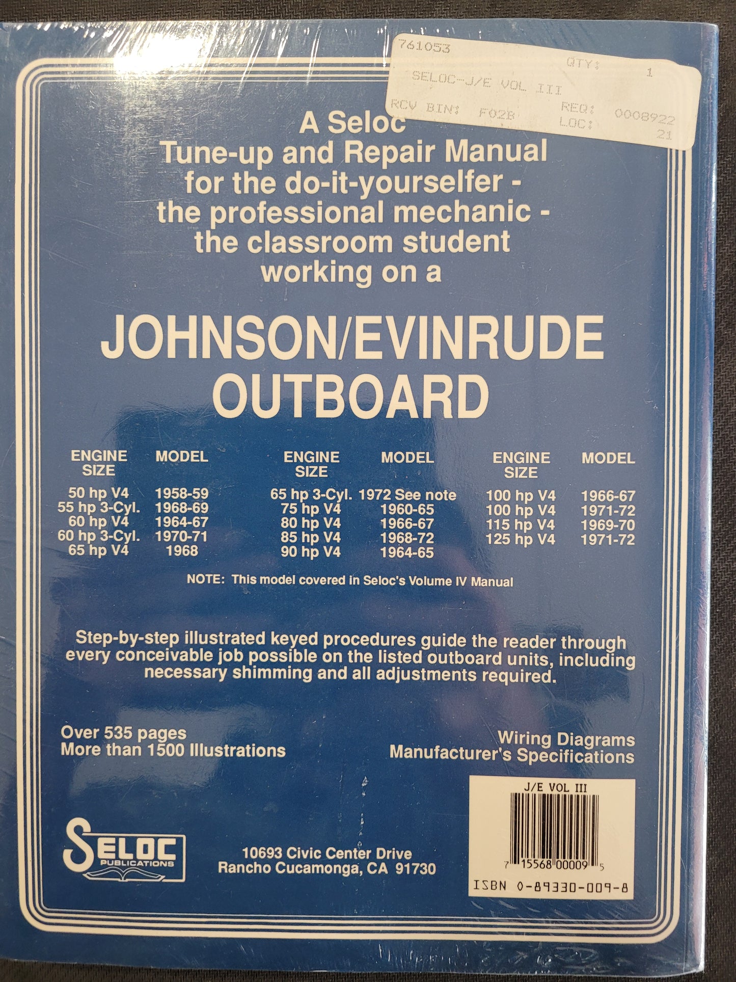 Repair Manual, Seloc 009-8, JOHNSON/EVINRUDE Outboard, 1958-1972, 50-125HP