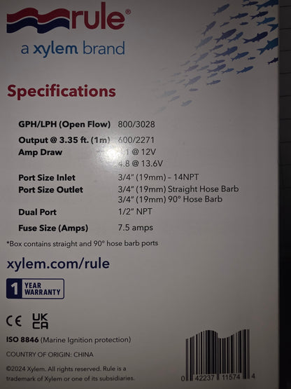 Rule 603FC Straight Seacock 800 GPH 12V - Replaces 403FC