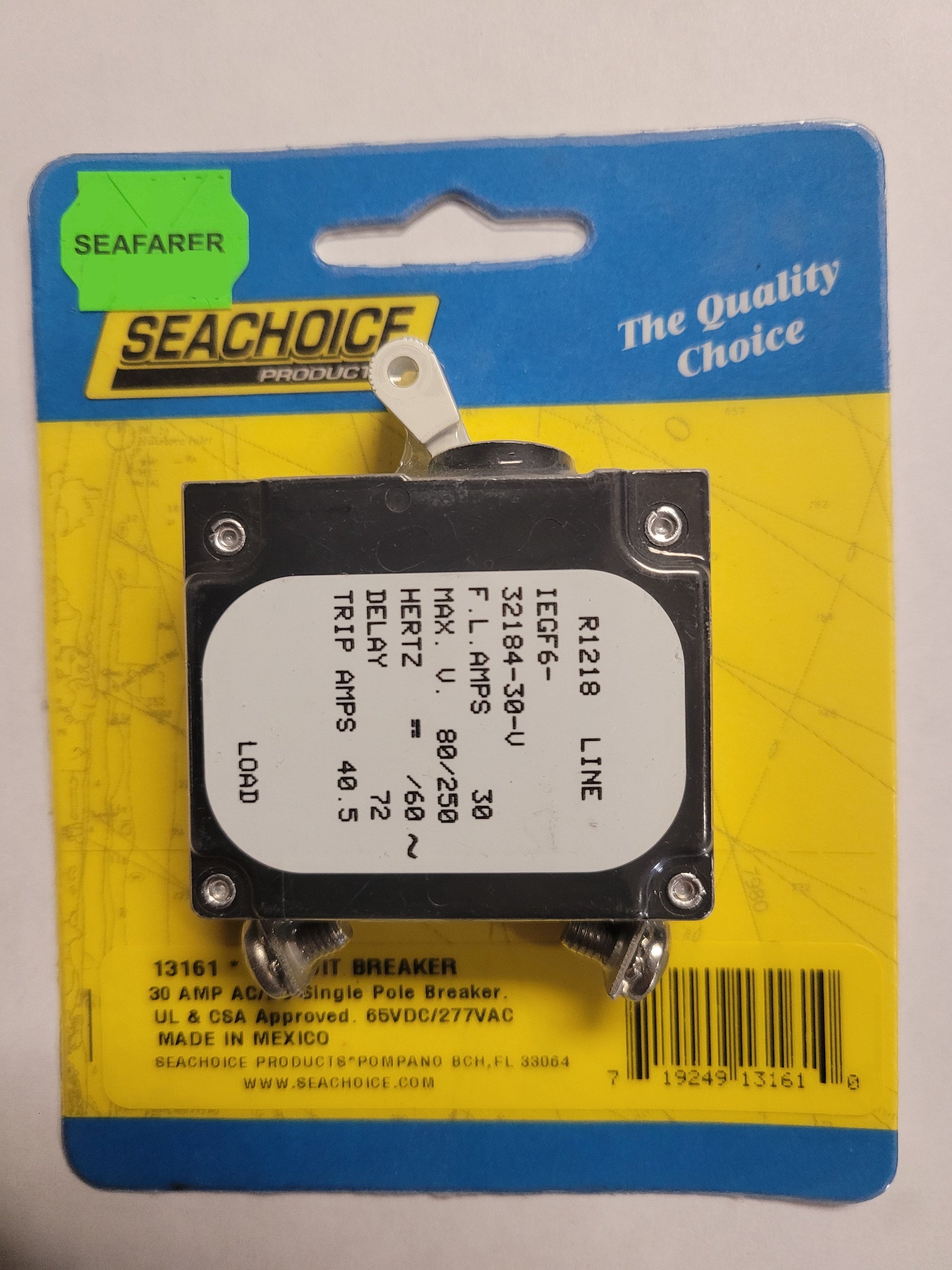 Electrical breaker on a Seachoice branded card with specifications.