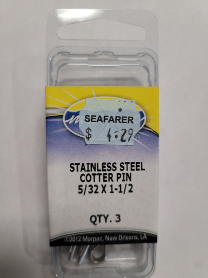 Cotter Pins, Stainless Steel, (5/32”x1-1/2”, 3 Pk) Marpac 7-5090