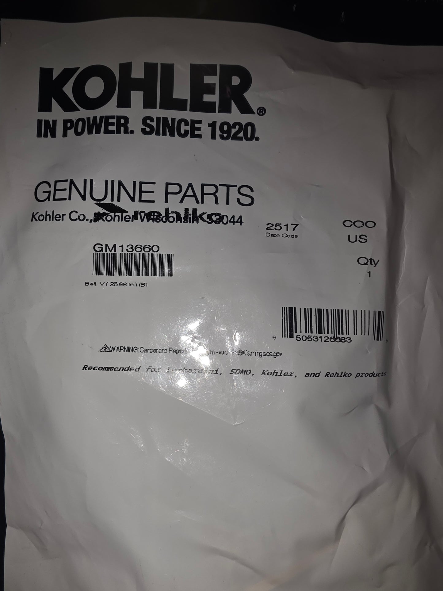 Kohler GM13660 OEM V-belt replaces 229326 (NLA)