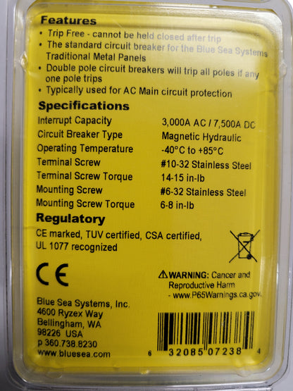 30 Amp Blue Sea Systems A-Series DC Double Pole Toggle Circuit Breaker