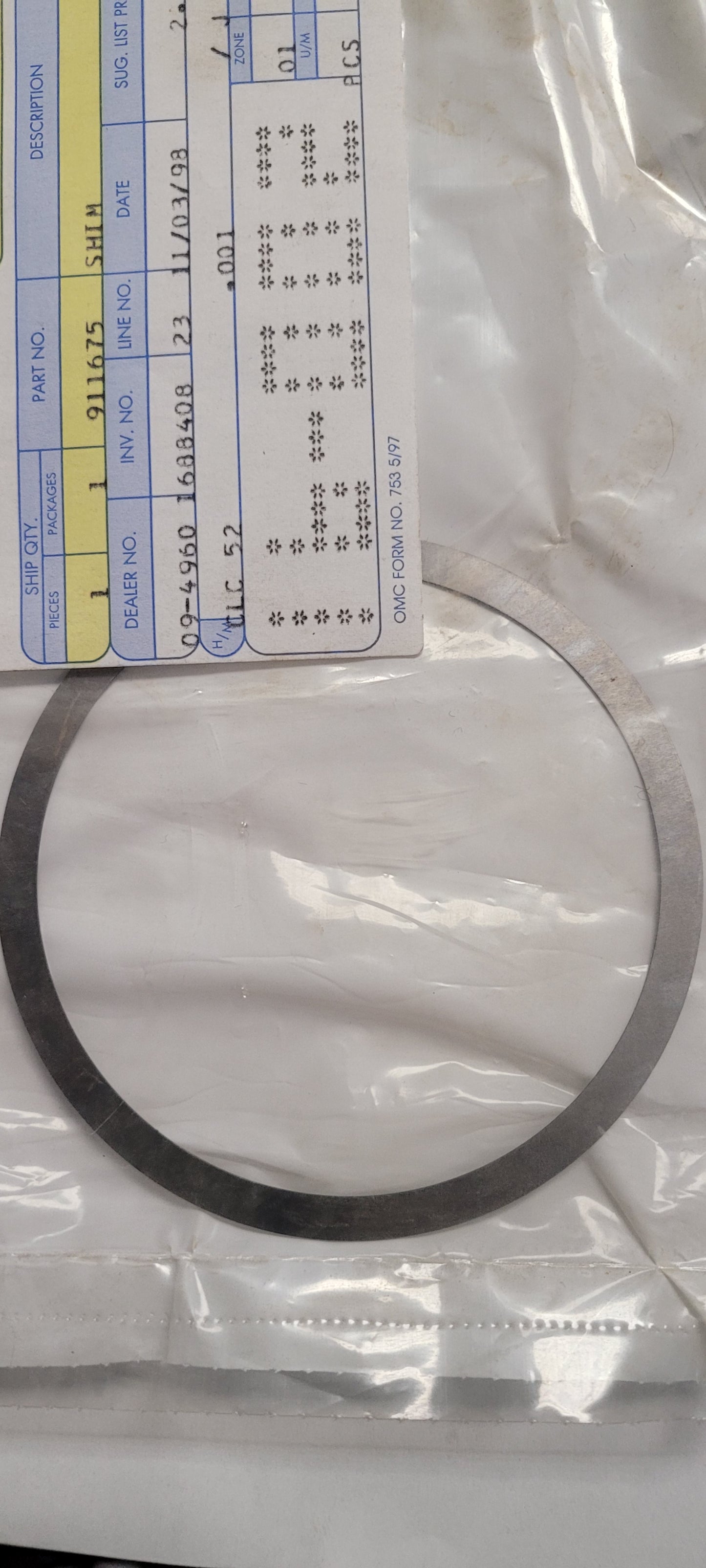 SHIM, Bearing carrier .017", Vintage, (NOS) OMC 911675