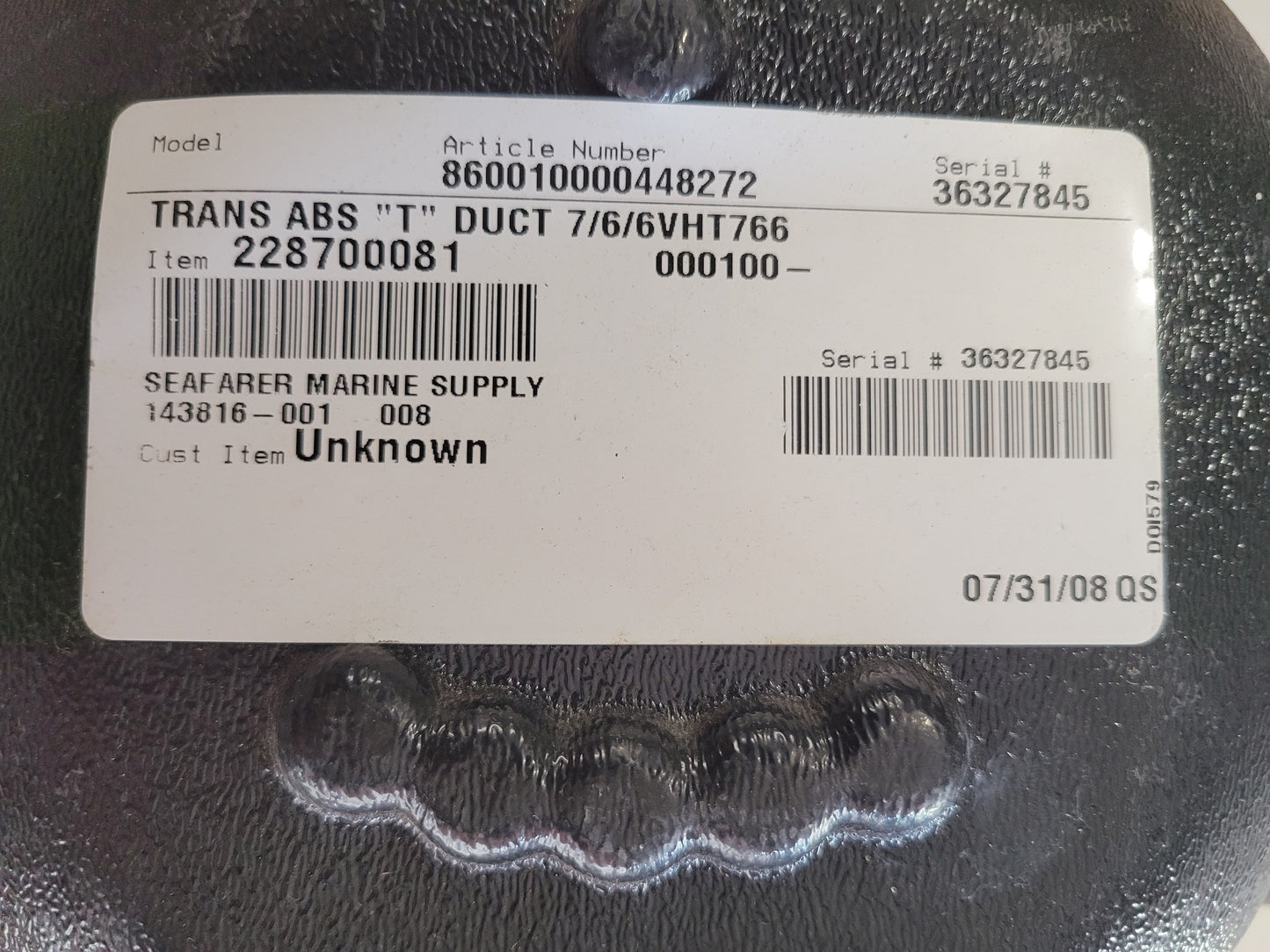 Trans ABS "T" Duct 7/6/6 Marine Air 228700081