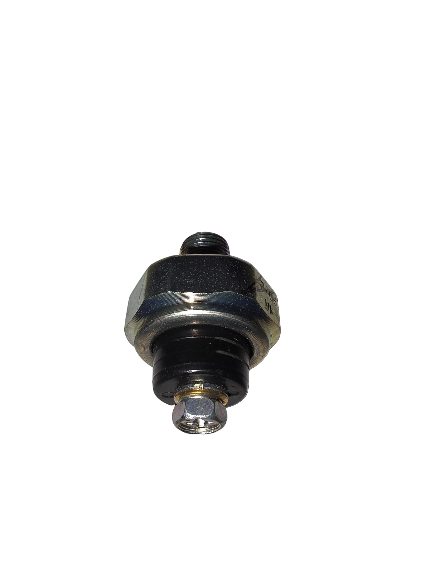 A small metal mechanical component with a hexagonal body, threaded rod, and hex nut, photographed on a plain light background.
