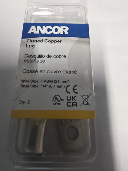 Tinned Battery Lugs, 1/4" Fastener, #4 Cable, 2/Pk