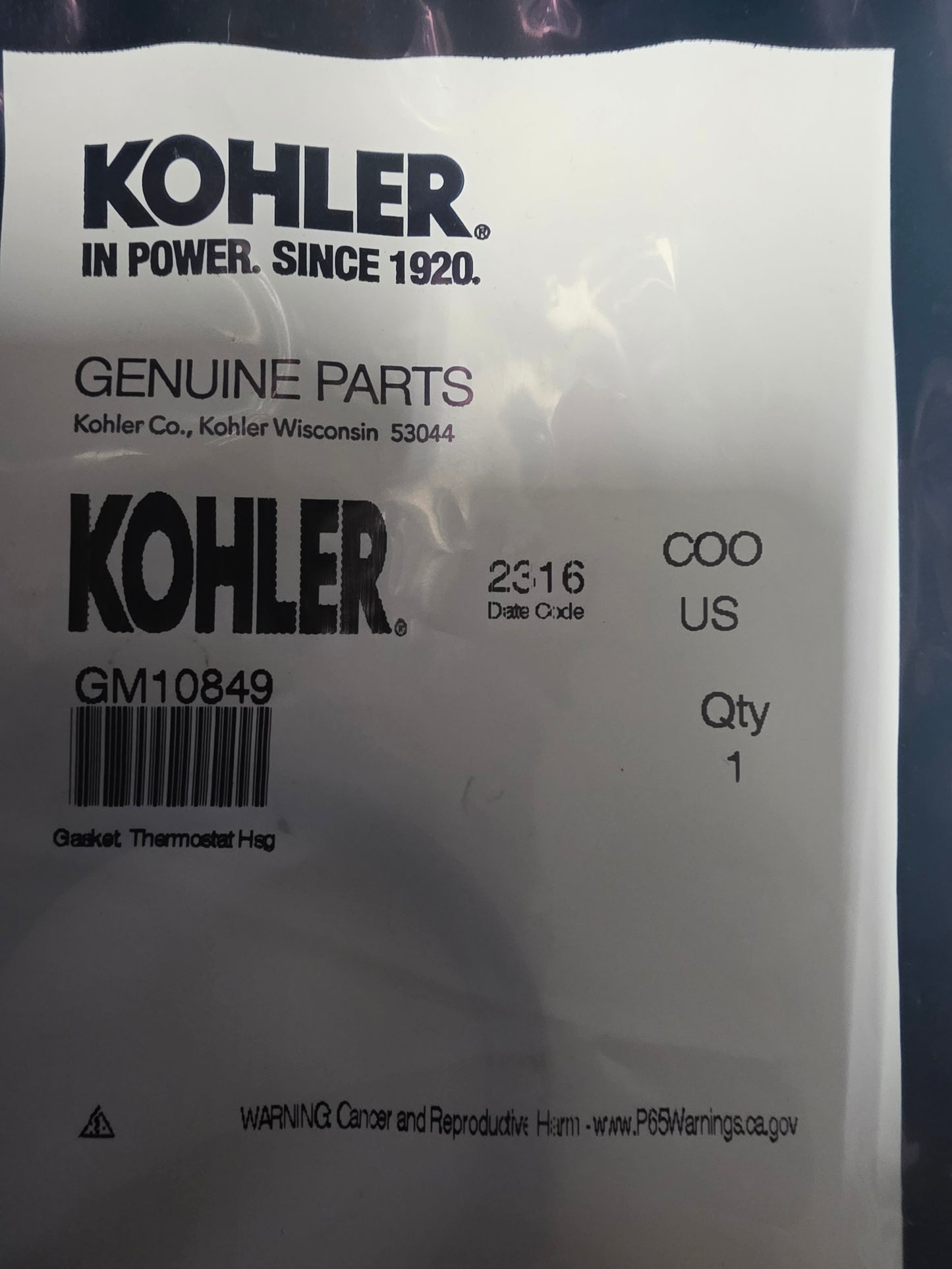 Kohler GM10849 gasket, t-stat housing