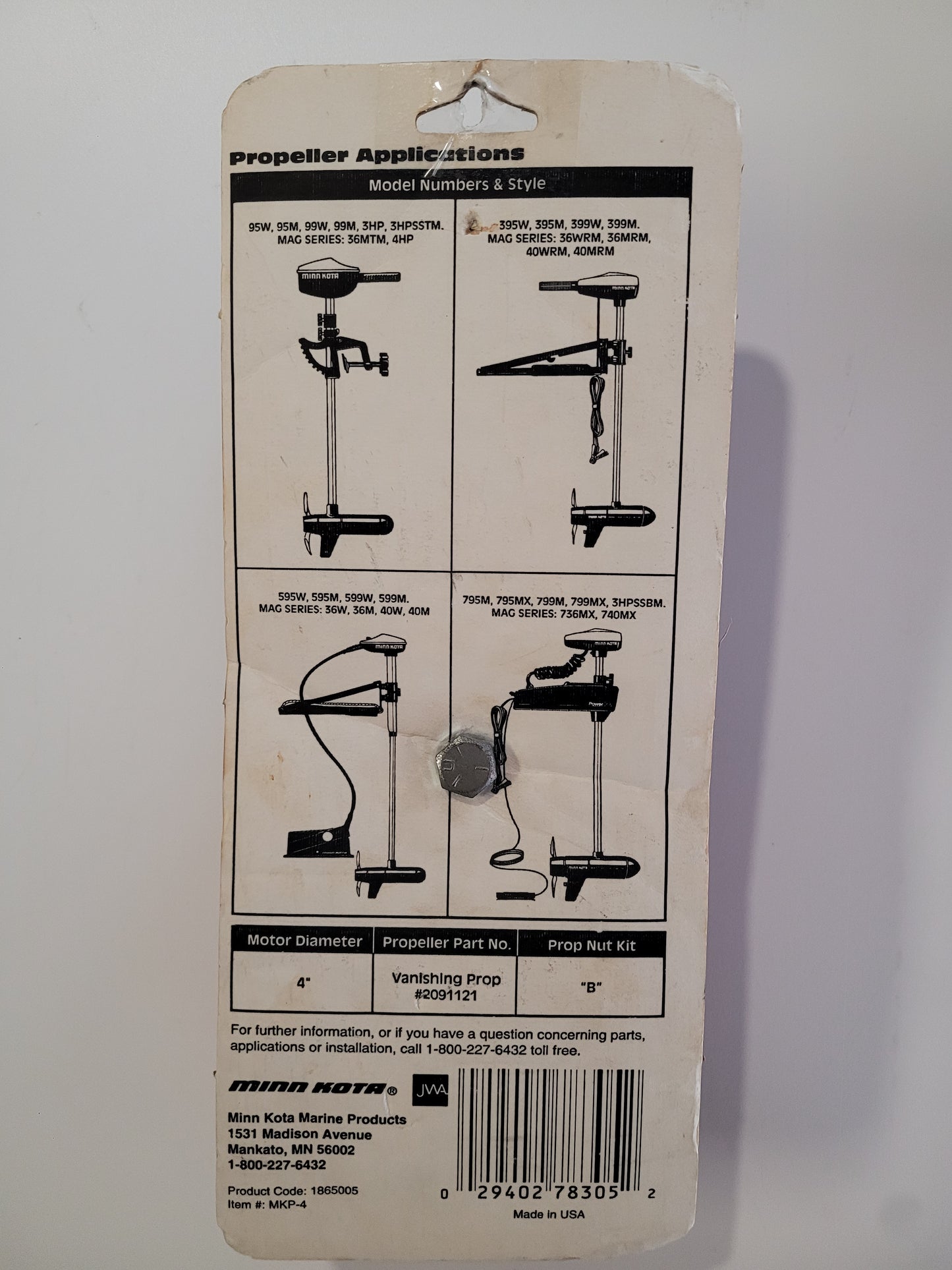 Minn Kota 2091121, Vanishing Propeller, 4", W/Prop Nut Kit 'B'