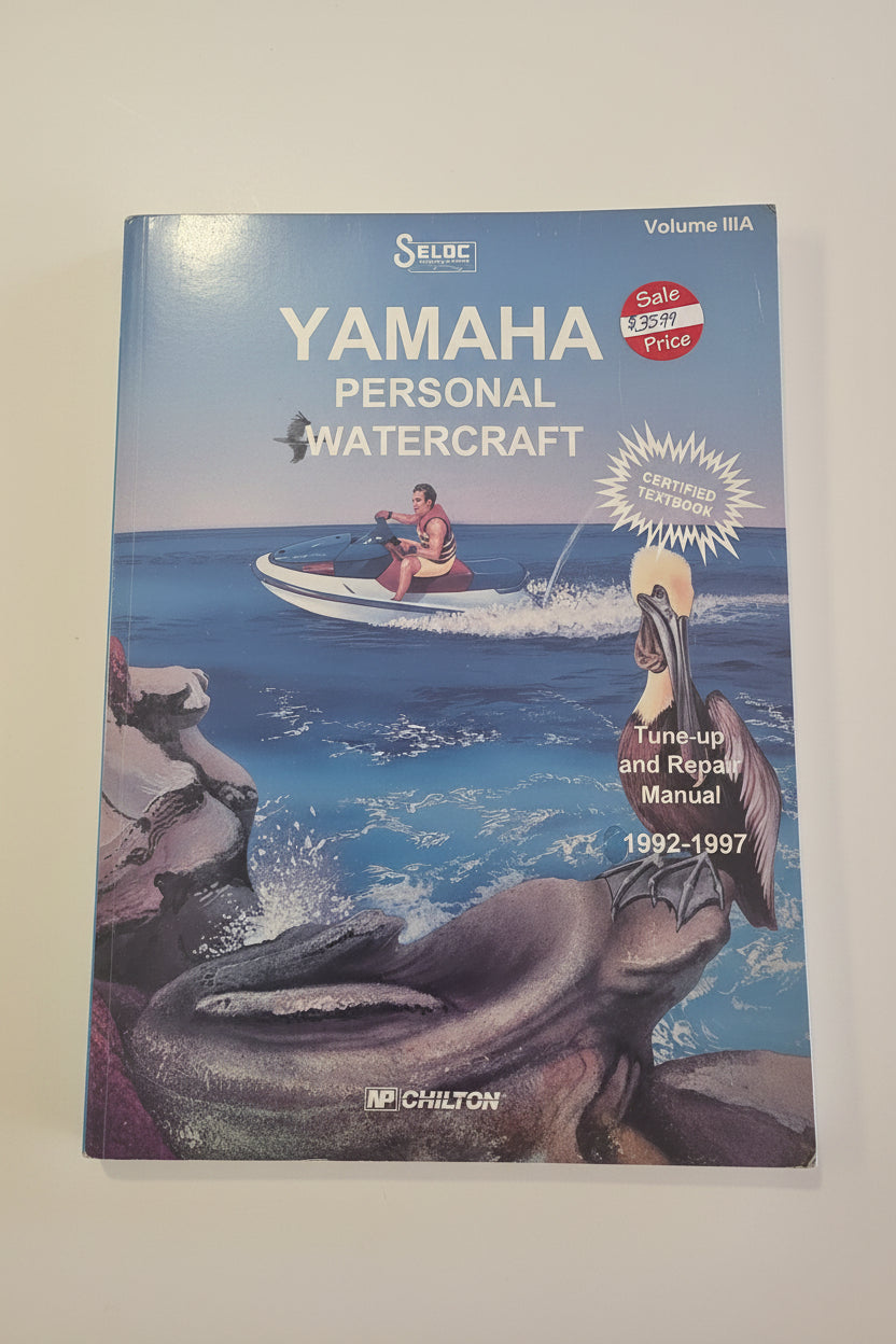 Yamaha Personal Watercraft Volume IIIA manual cover by NP Chilton, featuring a blue ocean background with a Yamaha personal watercraft and a pelican on the cover.