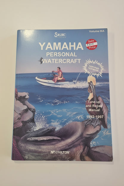 Yamaha Personal Watercraft Volume IIIA manual cover by NP Chilton, featuring a blue ocean background with a Yamaha personal watercraft and a pelican on the cover.