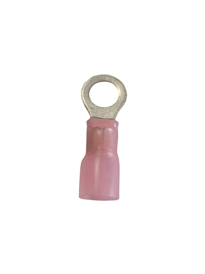 A small pink plastic electrical connector with a silver metal ring terminal, shown on a plain light gray background.