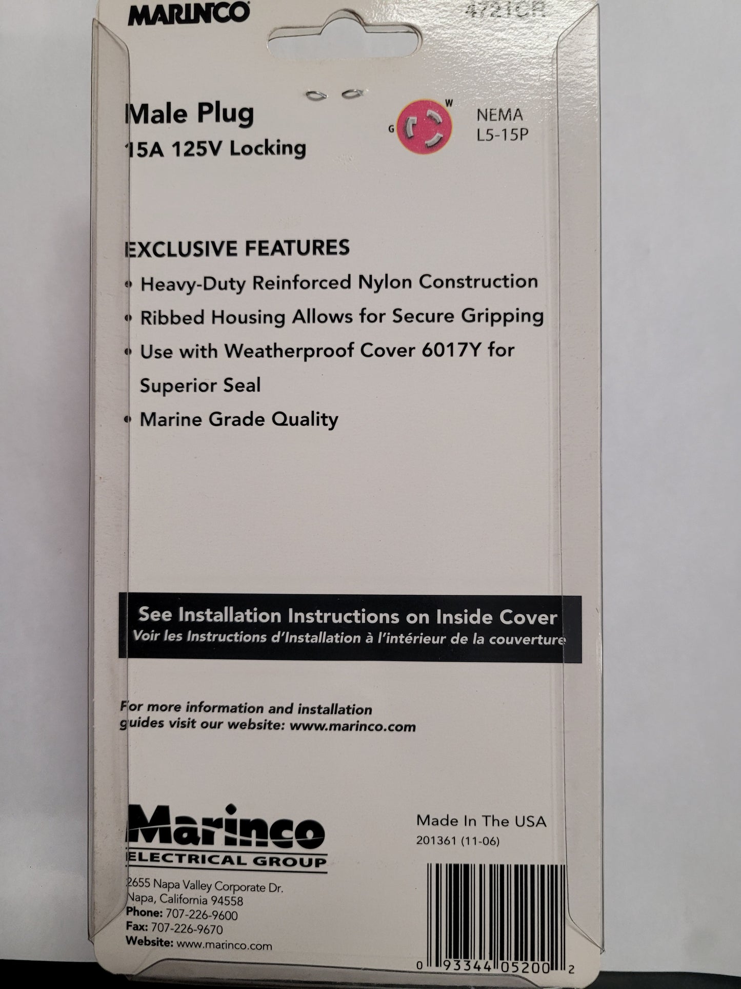 Marinco 4721CR 15A/125V Locking Type Male Plug