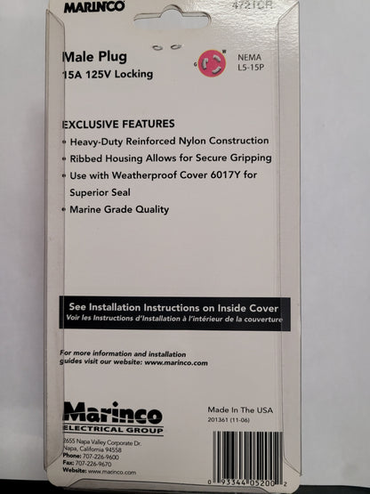 Marinco 4721CR 15A/125V Locking Type Male Plug