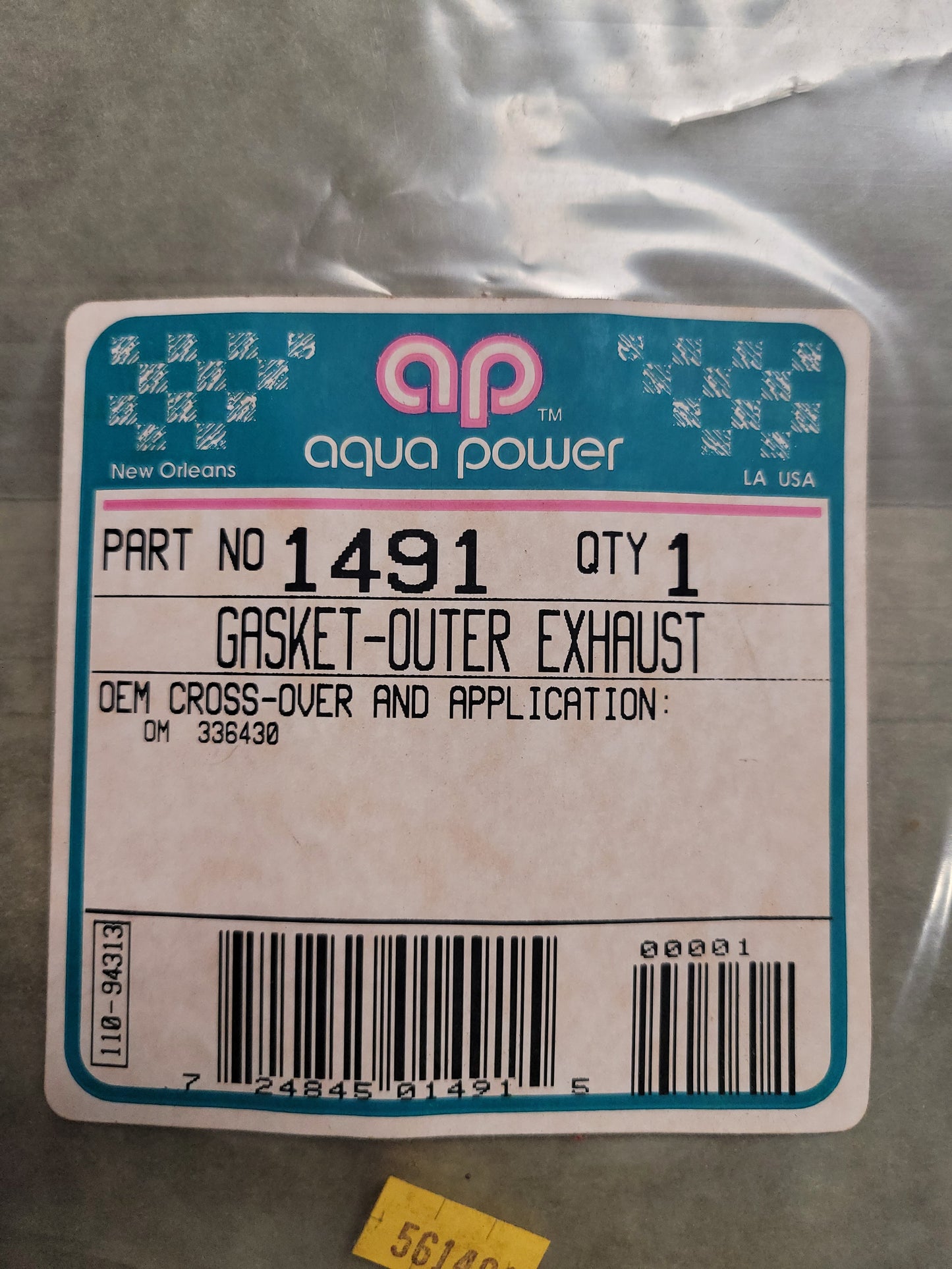 Gasket, Outer Exhaust cover, Outer, (NOS) Aqua Power 1491, OMC 175hp